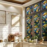 Window Privacy Film Decorative Vintage Mosaic Botanical Floral Stained Glass Static Cling Window Sticker No-Glue Rainbow Sun Blocking Film Reusable Decor