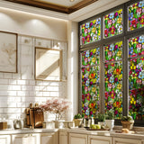 Window Privacy Film Decorative Vintage Mosaic Botanical Floral Stained Glass Static Cling Window Sticker No-Glue Rainbow Sun Blocking Film Reusable Decor