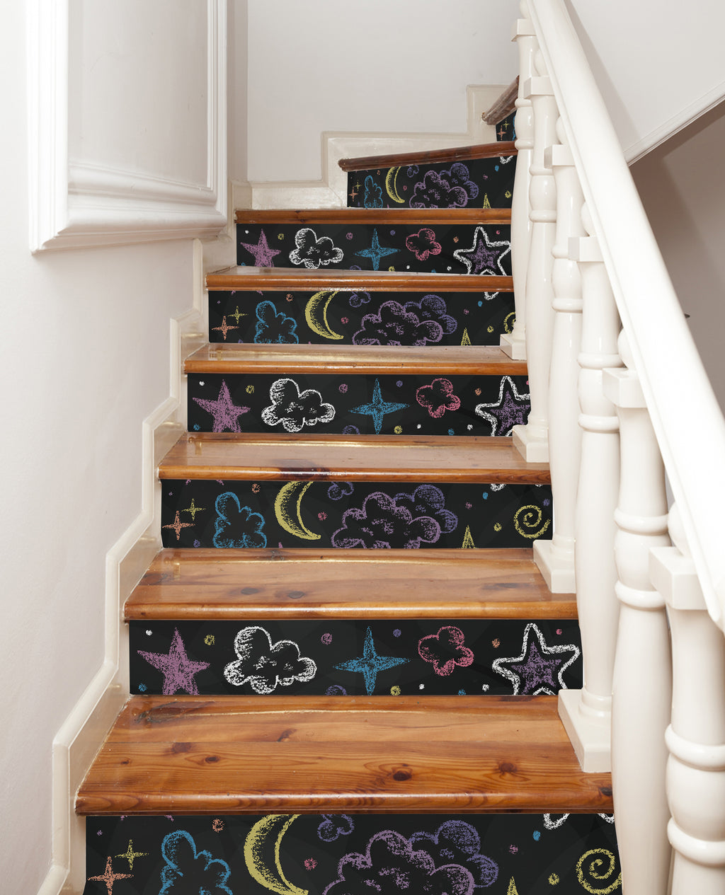 Crayon Printed Stars Cloud Printed Staircase Peel And Stick Stair Stickers HSS166-171